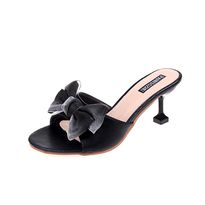 Rhinestone Transparent High Heel Bow Sandals 2024 Summer New Style Goddess Thin Heel Fashion Half Slippers for Outwear