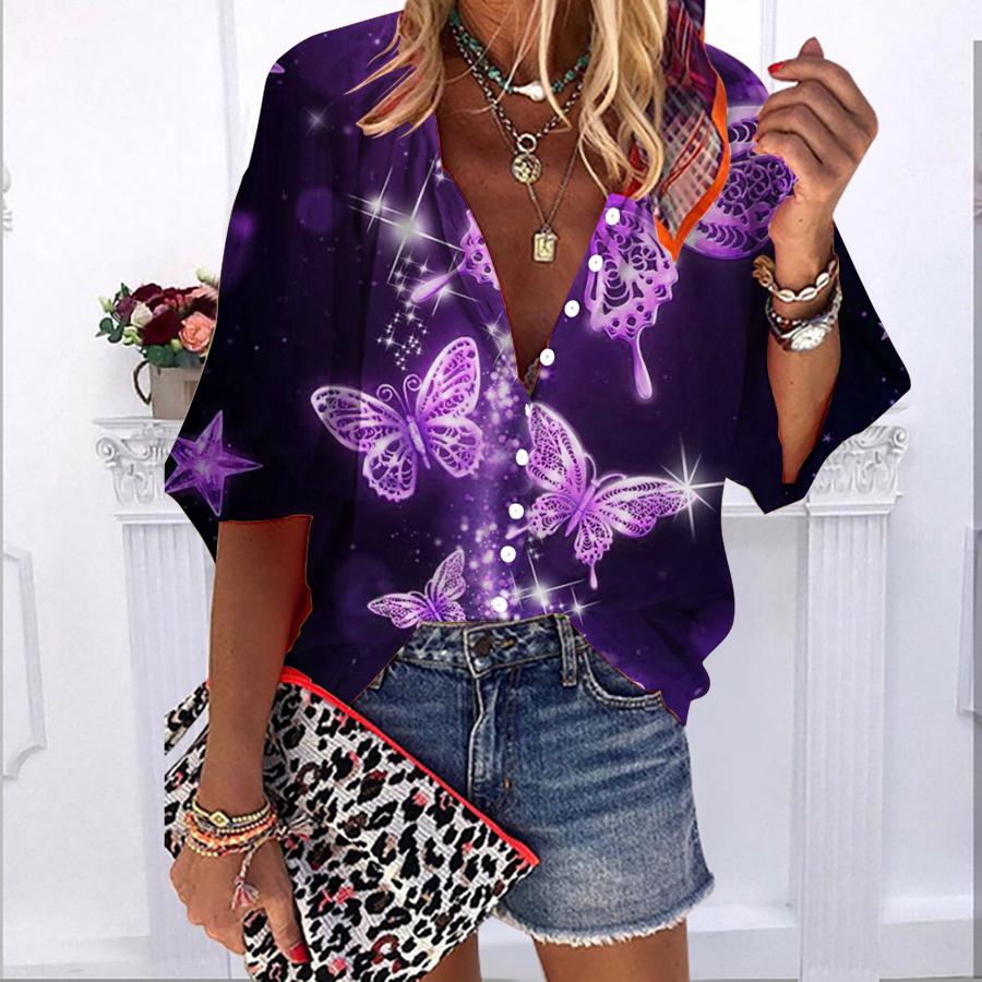 

2023 Лето Осень Новая мода Женские топы Двойная летящая фиолетовая бабочка с принтом Полурукав Повседневная рубашка больших размеров на пуговицах больших размеров с пузырчатыми рукавами