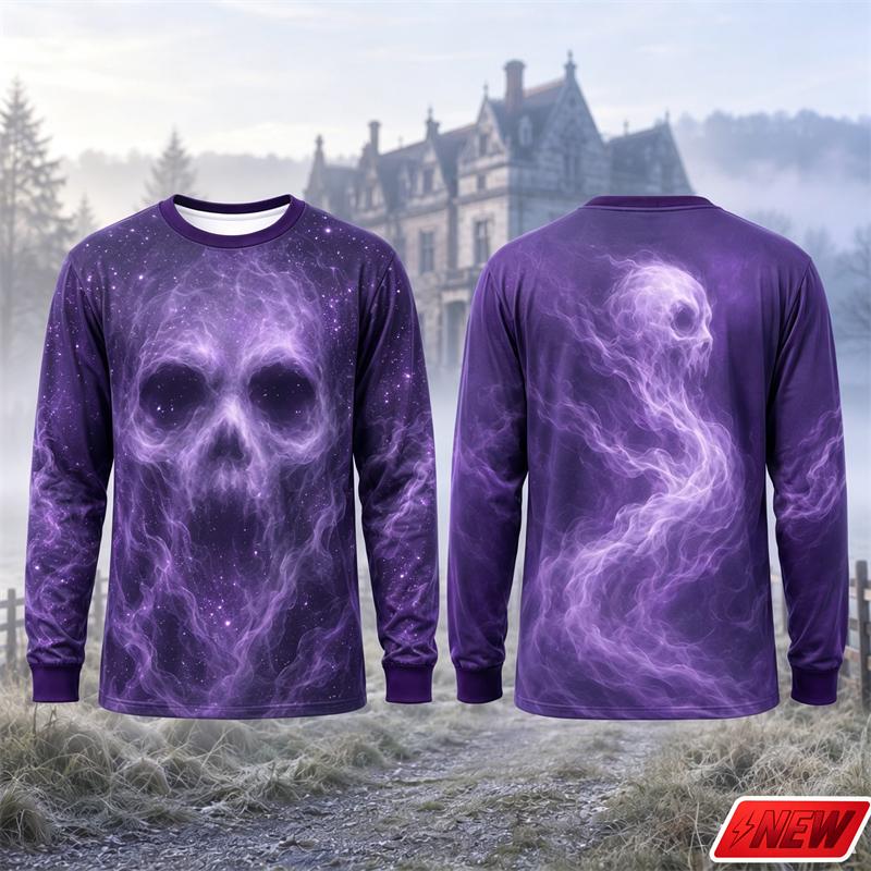 Novelty Long Sleeve T‑Shirt Men Gothic Flame Smoke Skull 3D Print Tee Fire Skeleton Graphic Casual Halloween Party Street Top