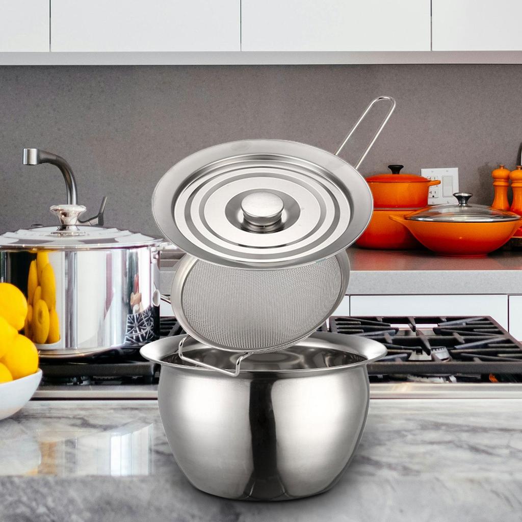304 Stainless Steel Grease Container Can with Filter and Lid Dustproof Multifunction Oil Pot