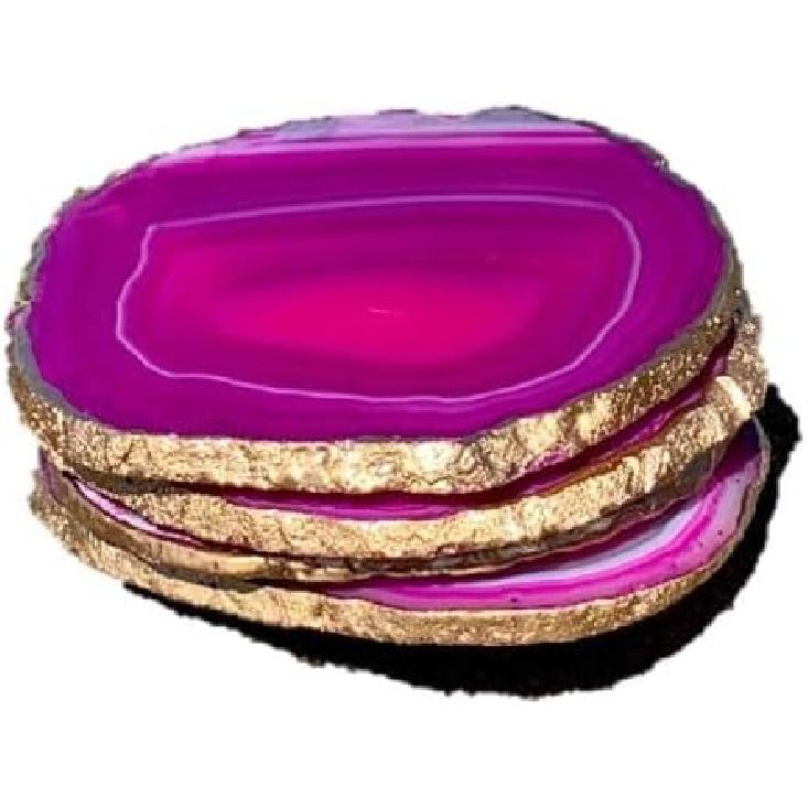 Set Of 4 Agate Coasters - Pink Colored Agate Coasters - Gold Rimmed - Bumpers