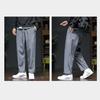 Men Spring Fall Pants with Side Pockets Drawstring Elastic Waist Wide Leg Thin Slacks Solid Color Loose Street Style Sport Trousers for Daily Wear