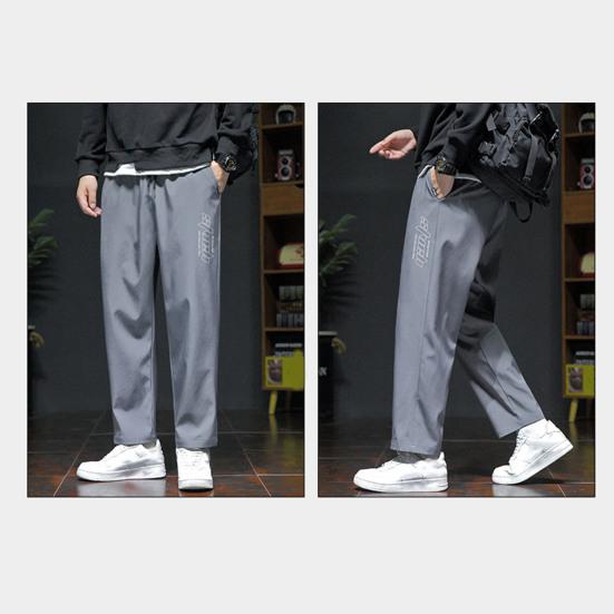 Men Spring Fall Pants with Side Pockets Drawstring Elastic Waist Wide Leg Thin Slacks Solid Color Loose Street Style Sport Trousers for Daily Wear