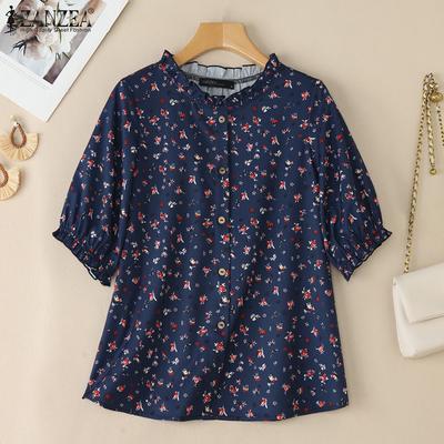 Women Casual Round Neck Short Sleeve Summer Floral Print Blouse
