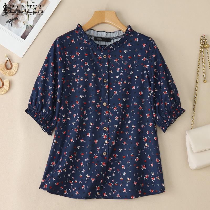 ZANZEA Women Casual Round Neck Short Sleeve Summer Floral Print Blouse