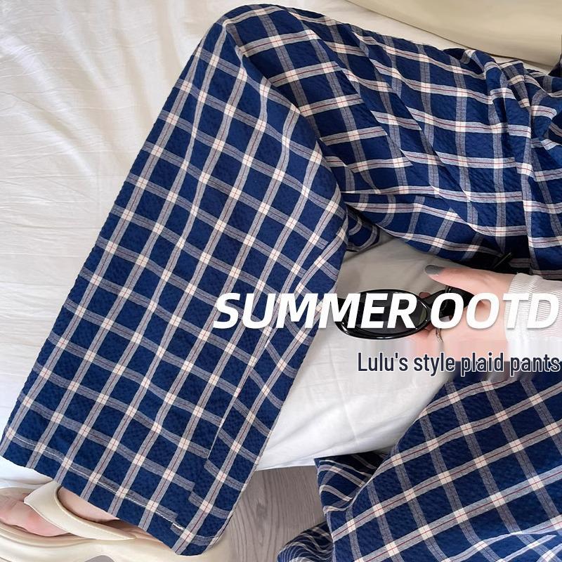 

Zhao Lusi Style: Petite High Waist Blue Plaid Wide-Leg Pants for Women - Spring/Autumn Casual Loose Fit (XS) XS (60-79 jin)