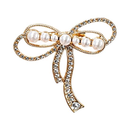 Electroplated Brooch Bowknot Design Brooch, Strong Buckle Fastening Pin with Faux Pearls Rhinestones, Electroplating Anti-Oxidation Badge for