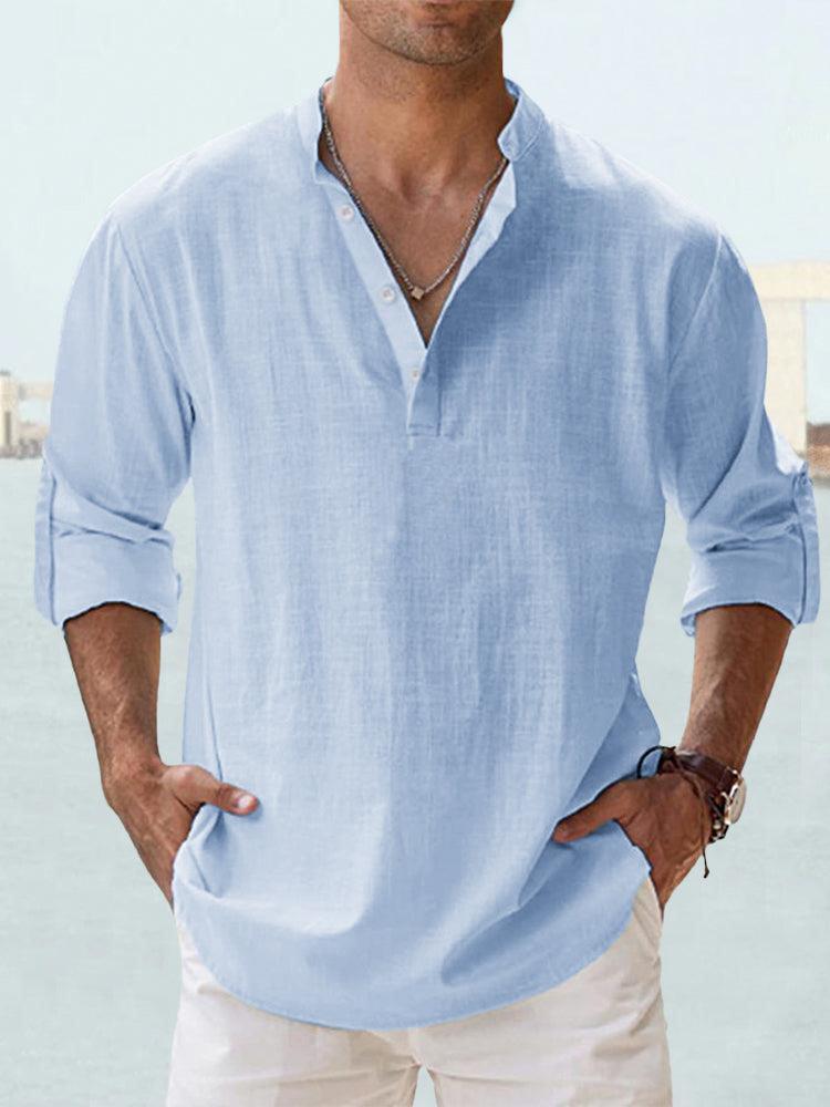 New Cotton Hemp Shirt Loose Men's Casual Shirt Lightweight Long Sleeve Henry Beach Shirt Hawaii T-shirt Large Men's Street Wear