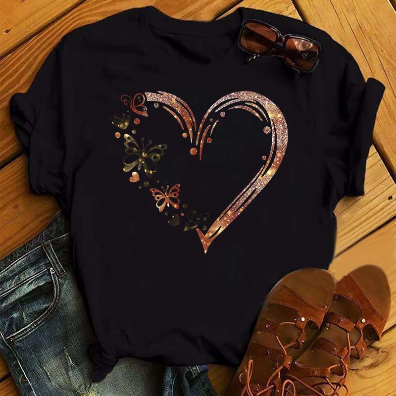 Women T Shirt Aesthetic Butterfly Love Heart Graphic Print Female Tshirt Clothing Summer Fashion Short Sleeve Kawaii T-Shirt