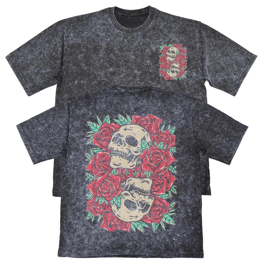 Floral Skull Unisex Mens Carbon Grey 240gsm French Terry Acid Wash T-Shirt