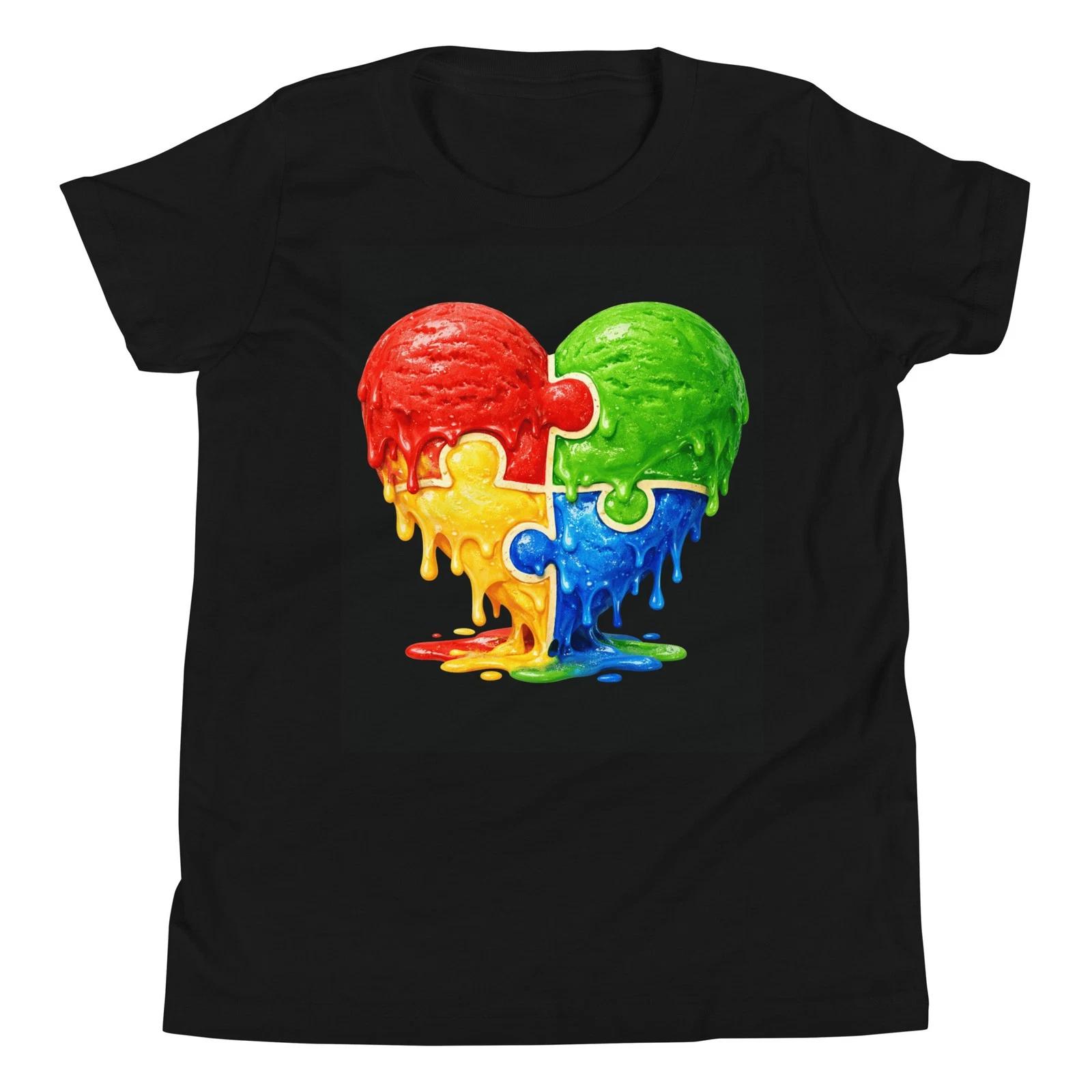 Autism Awareness Puzzle Pieces Heart Melting Ice Cream Youth T-Shirt 130