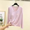 V-neck Modal With Chest Pad T-shirt Women's Spring Inner wear Long sleeve Stripe Bottoming Shirt Thin Casual Plus size Loose Top