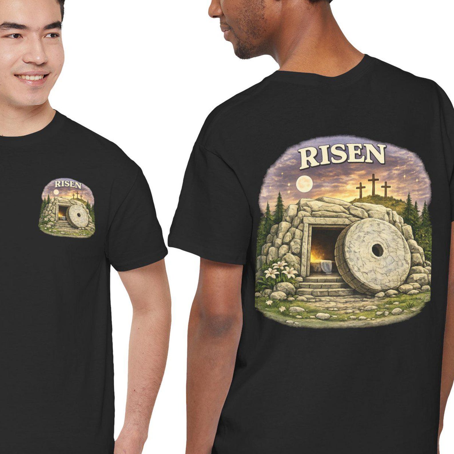 Risen Tomb Scene T-Shirt | Empty Tomb, Stone Rolled Away, Christian Easter S