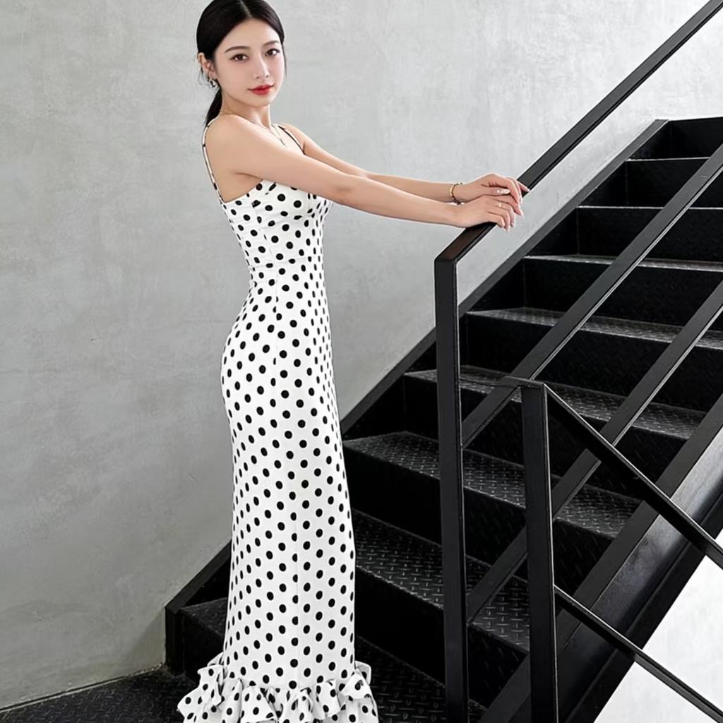 Summer New French Polka Dot White Sexy Suspender Dress Women's Temperament Waist Thin Medium and Long Dress