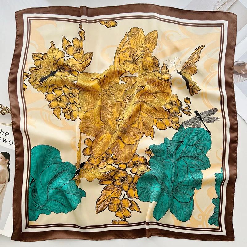 New Floral Print Silk Square Scarfs for Women Fashion Butterfly Neckerchief Female Neck Ties Lady Hairband Soft Satin Hijab