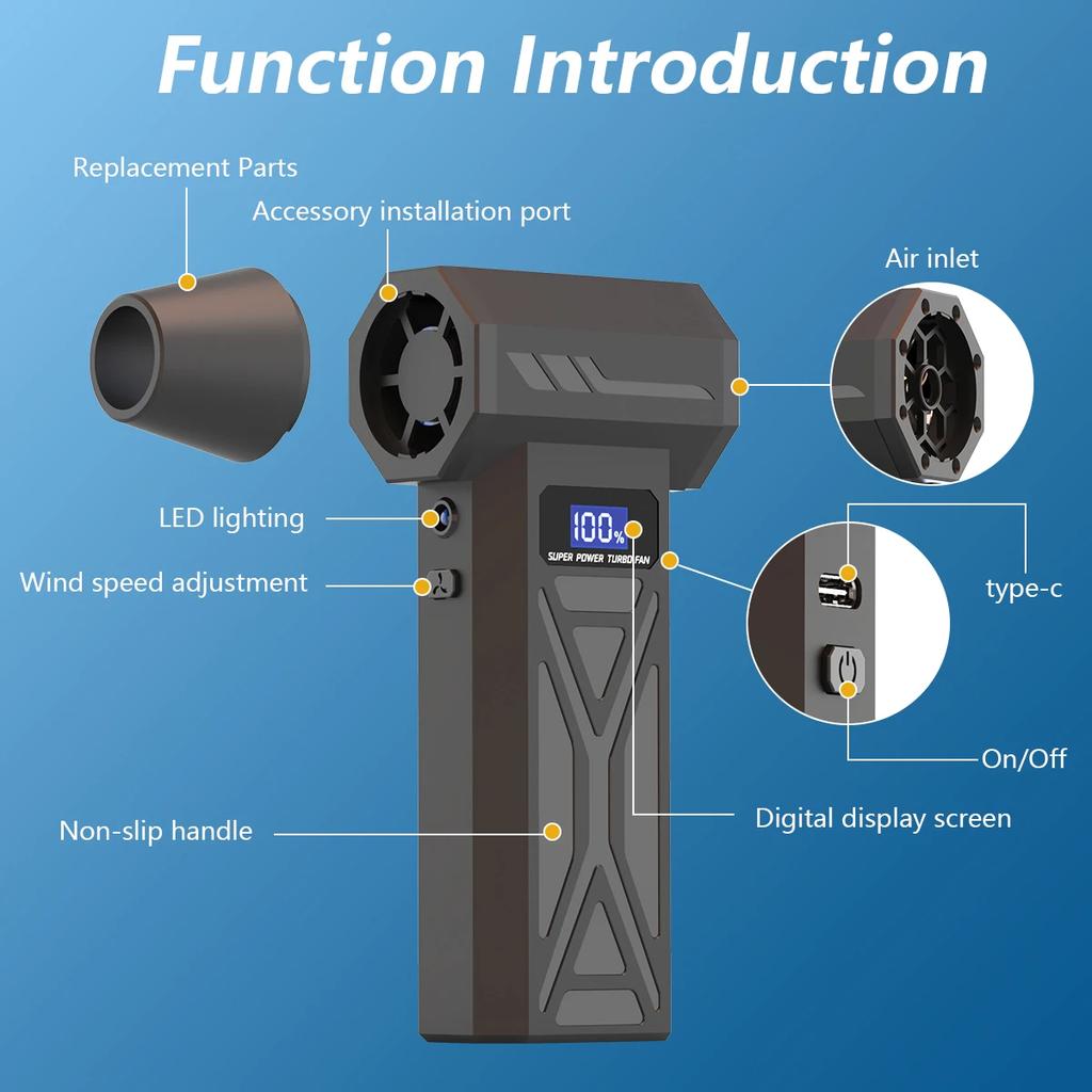 Nuovo soffiatore d'aria P70 110000 giri/min 4 marce regolabili soffiatore turbo a getto con luce LED display batteria senza fili compressore d'aria antipolvere