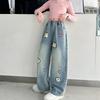 Trendiga jeans för flickor med vår- och höstbroderi, byxor med vida ben, lösa och lediga raka byxor