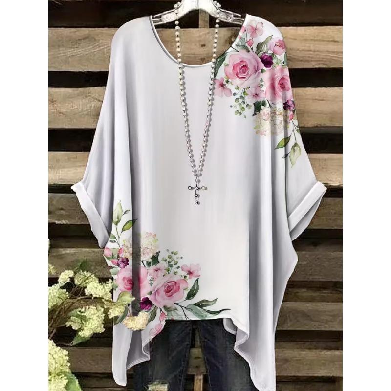 Bohemian Chic Women's T-Shirt Vintage Floral Graphic O-Neck Pullover Short Sleeve Tees Oversized Irregular Hemline  Clothes