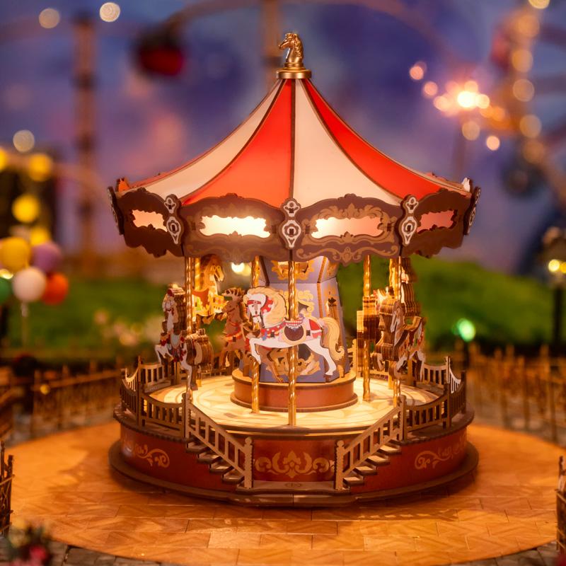 Robotime Carousel Music Box 3D Wooden Puzzle With LED Lights Gear Model Building Construction Craft Kits Xmas Gifts for Adult