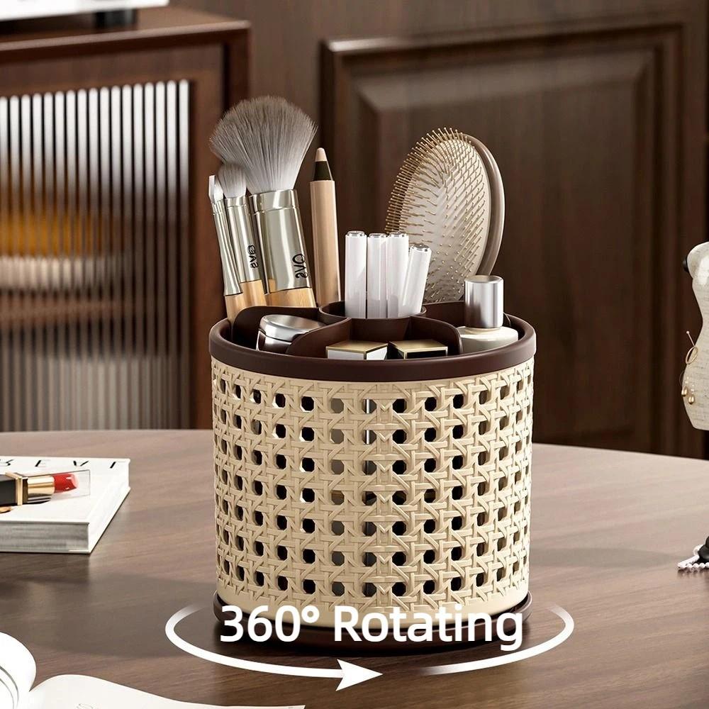 360° Rotating Desktop Pen Holder Multifunctional Grid Design Cosmetic Storage Box Vintage Large Capacity