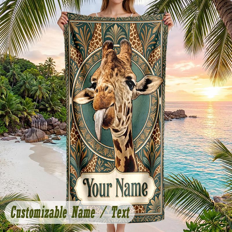 Giraffe Art Deco Poster Theme Quick Dry Beach Towel Custom Name Text Print Large Sand Resistant Towel Beach Vacation