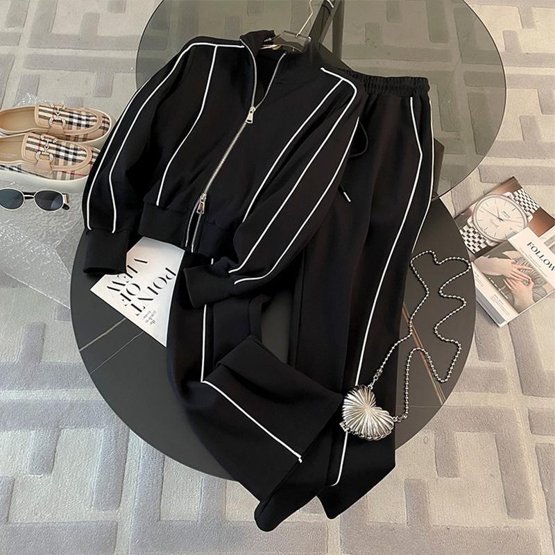 Sudadera Corta Casual a Rayas Traje Deportivo Mujer Otoño Sudadera con Cremallera Suelta Cordón Elástico Pantalones de Pierna Ancha Conjunto de Dos Piezas
