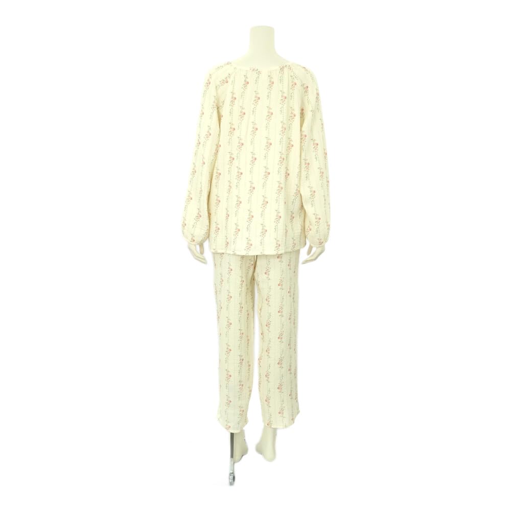 RAVIR Cotton Double Gauze Long Round Floral Ivory and Size M Women's 100% Pajamas, Sleeves, Neck, Print, Girly, Pink,