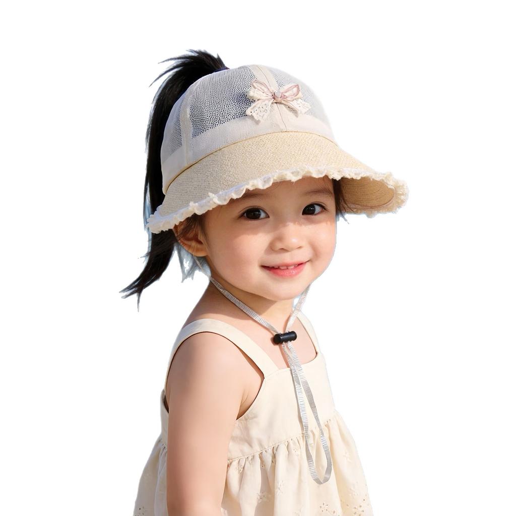 Girls Summer Straw Visor Hat With Ponytail Hole Large Brim Thin Sun Protection Cap For Kids Baby Outdoor Shade