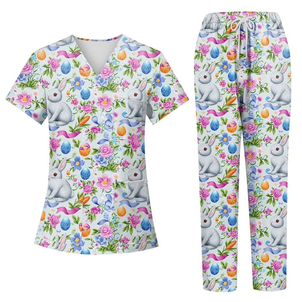 Women's Printed Uniform Work Uniform V-Neck Pocket Protective Work Uniform