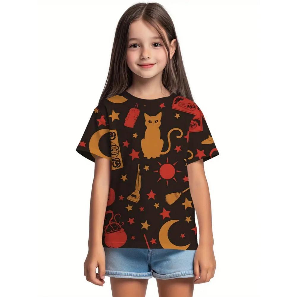Halloween Girls Cartoon Pumpkin Short Sleeve Leisure Tops 3D Print T-Shirt Exaggerate Horror Party Street Holiday Girl Clothing