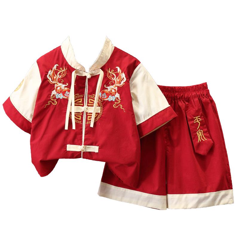 Chinese Style Summer Hanfu Set: Baby Boy's 1st Birthday Retro Short-Sleeved Tang Suit