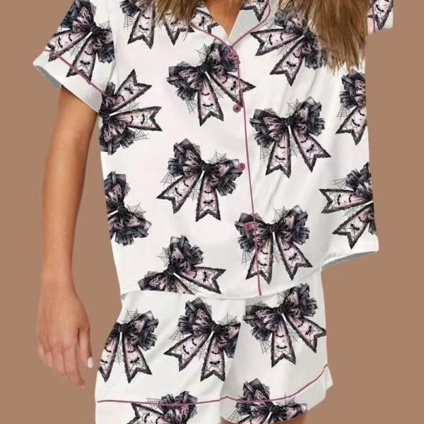 2025 Grenzüberschreitender Weihnachts-Pyjama: Druck Umlegekragen Kurzarm Shorts Hausanzug Set.