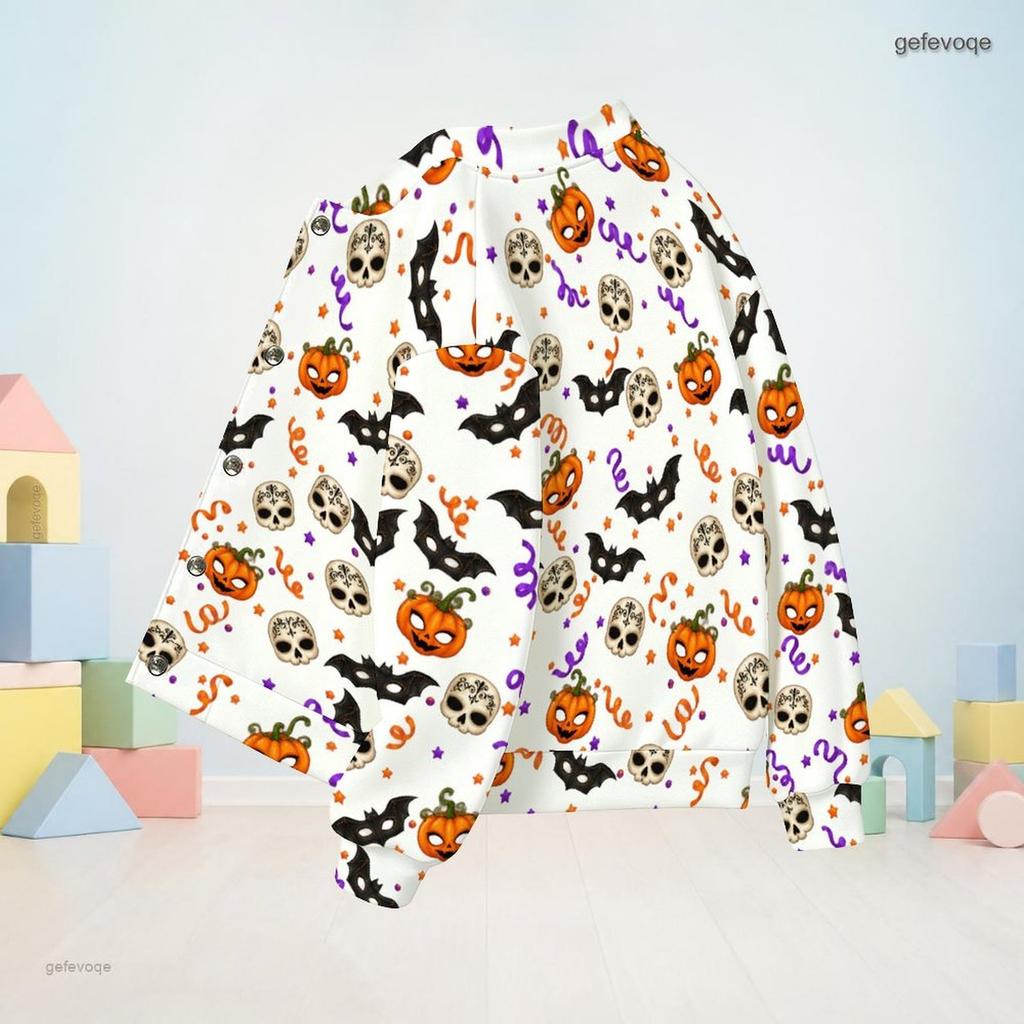 Girls Stand Collar Long Sleeve Jacket Halloween Ghost Bat Print White Casual Top