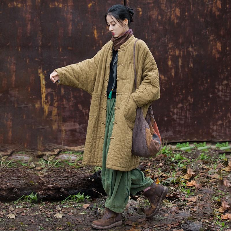 Womens Winter Linen Cotton Quilted Long