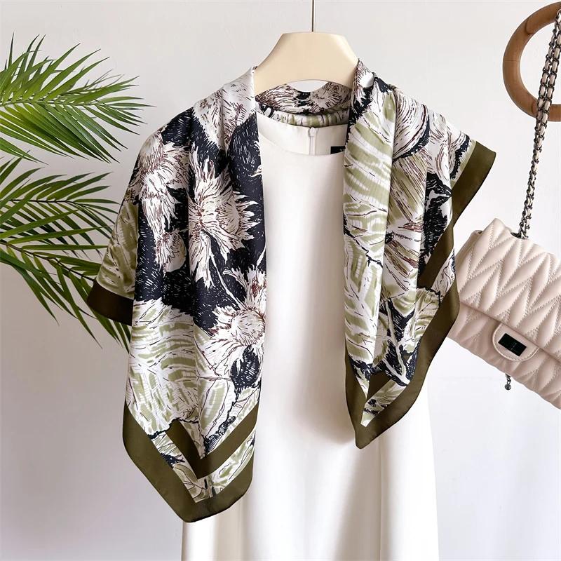 New 90cm Abstract Plants Print Square Silk Feeling Twill Scarf Women Spring Hair Band Hijab Foulard Neckerchief Shawl Wraps 2025