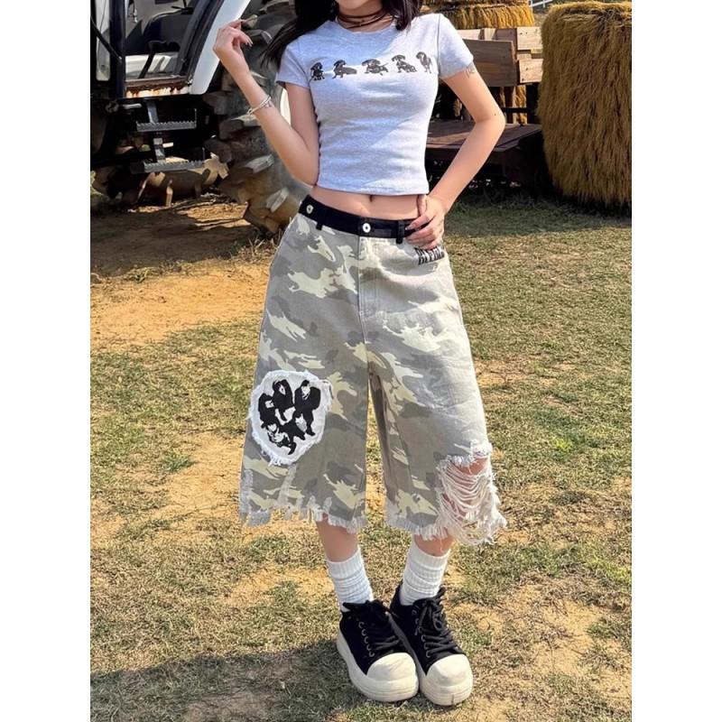 Womens High Waisted Camo Denim Capri Pants Loose Straight Leg Vintage Ripped Patchwork Jeans Casual Streetwear