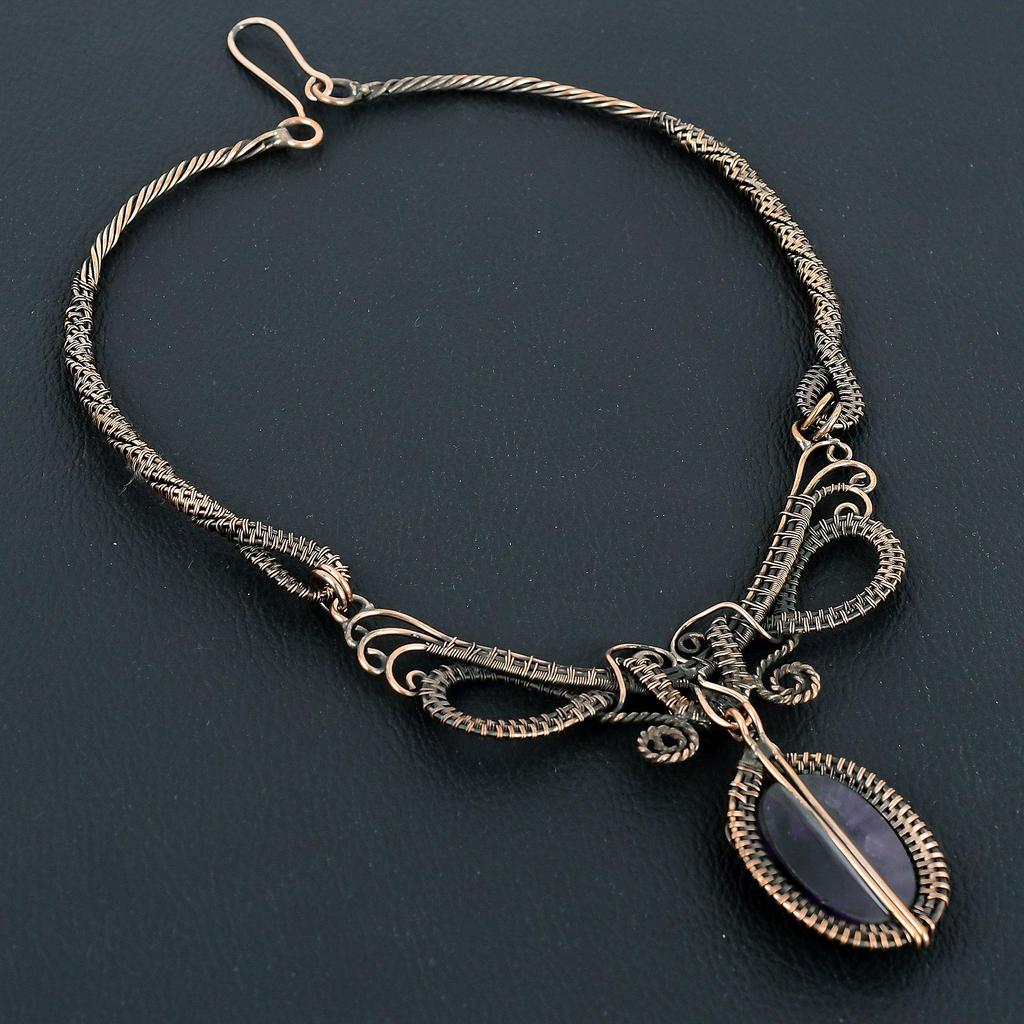 Amethyst Handmade Gemstone Necklace, 999 Copper Wire Wrapped Antique Jewelry Adjustable Chain Necklace, For Engagement Gift