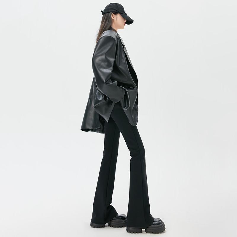 Black Suit Flared Pants Women's Spring Autumn High Waist Slit Trousers Elastic Slimming Trousers Korean Fashion