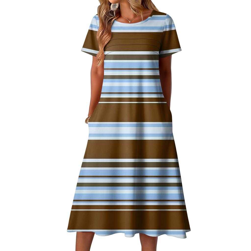Ladies' striped printed casual and fashionable short sleeved round neck dress