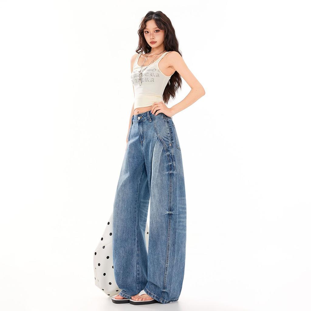 Spring Summer Vintage Street Relaxed Floor Saber Cut Denim Pants For Women Casual Pants Oversize Denim Trousers