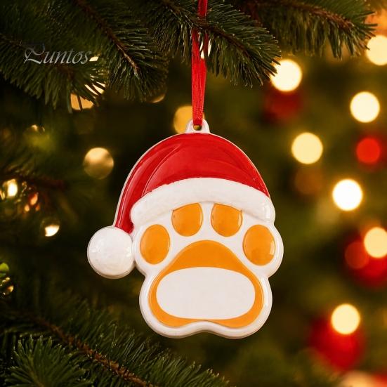 Christmas Tree Ornament for Pets Resin Ornament, Cute Cat Paw/Bone Shaped Xmas Hanging Decoration Memorial Pendant with Santa Hat Tree, Car