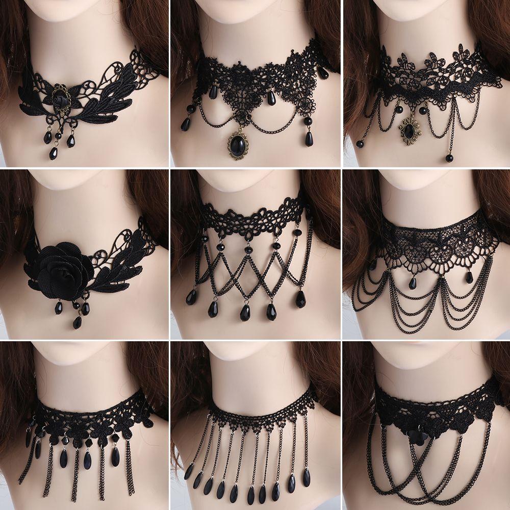 pcs Crystal Steampunk Style Boho Jewelry Gothic Necklace Gemstone Pendant Collar Chocker Black Lace