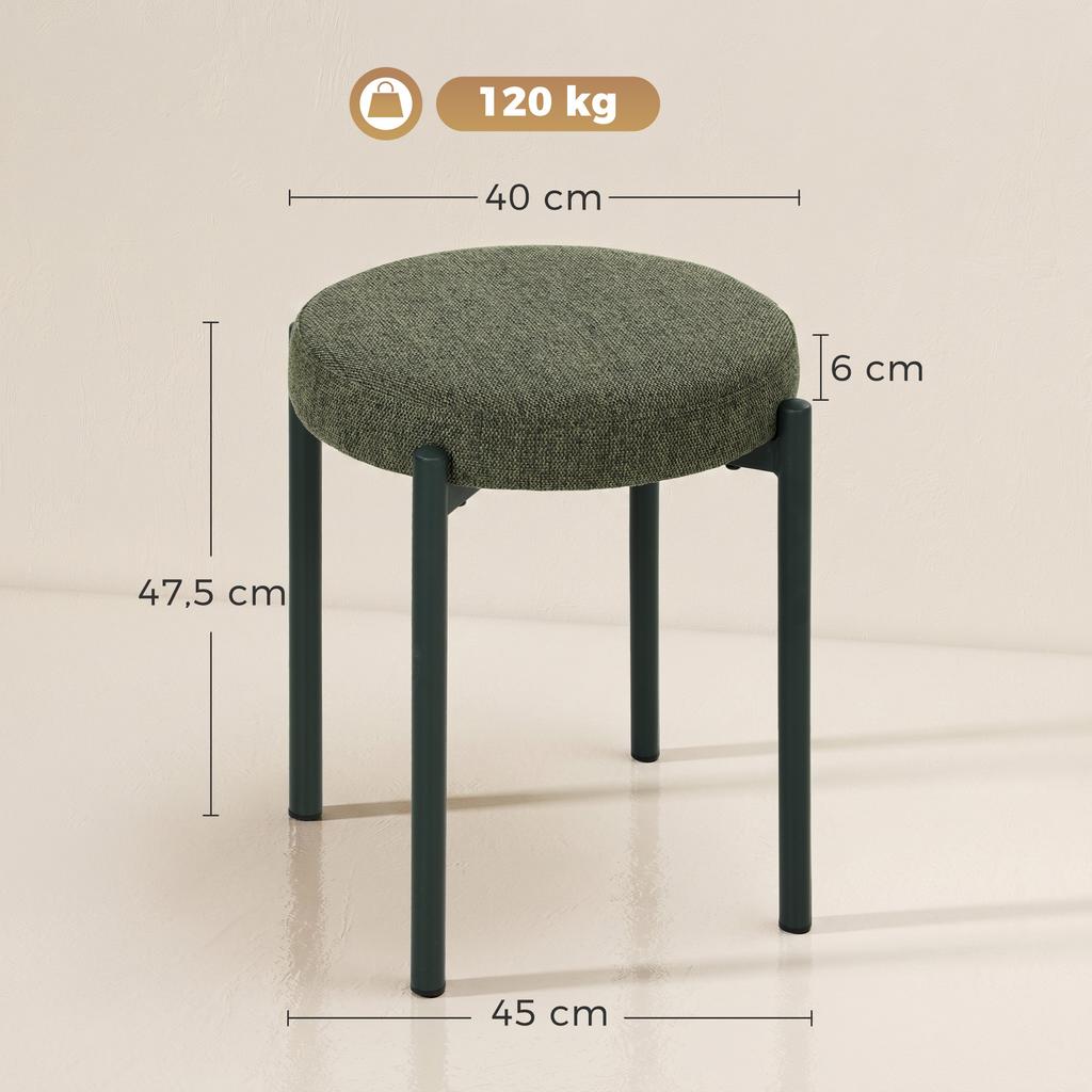 Set of 4 Stackable Round Stools with Padded Seat, Backless, Space Saving, 45 x 45 x 47.5 cm, Dark Green