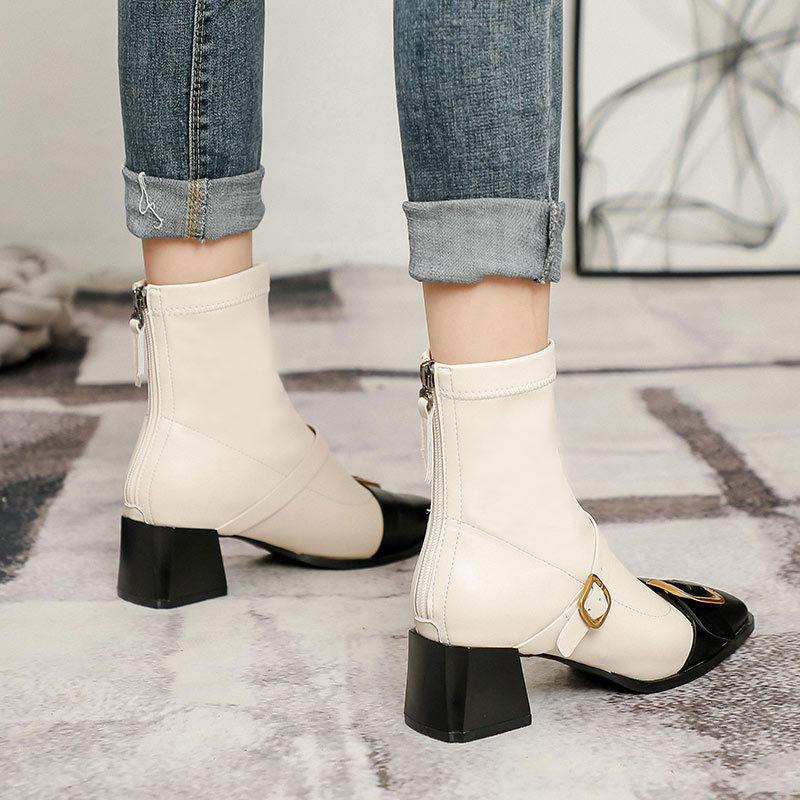 Wind short boots women's single boots soft leather thin new retro square head high heel Martin boots thick heel