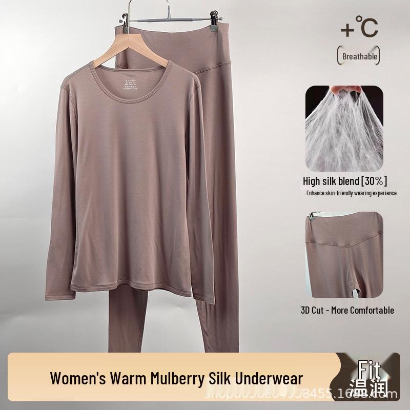 Women s Round Neck Mulberry Silk Modal Stretch Velvet Warm Base Layer Set for Autumn/Winter Medium