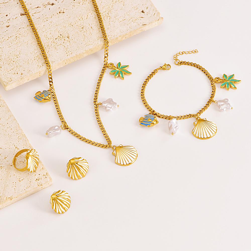 OAHLAN Ocean Series Colorful Scallop Starfish Pearl Sweater Chain 18k Gold Plated Stainless Steel Earrings Bracelet Necklace Set