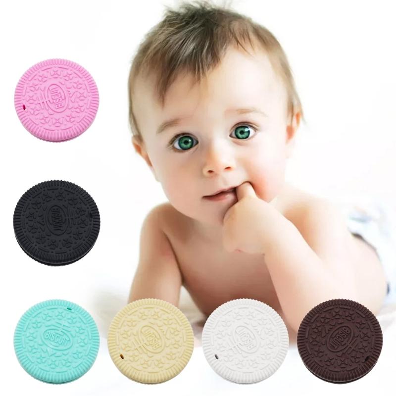 Silicone Cookie Teether Baby Chewer Toy BPA-Free Molar Rod Infant Teething Pains Relief Animal Toy Pacifier Chain Accs