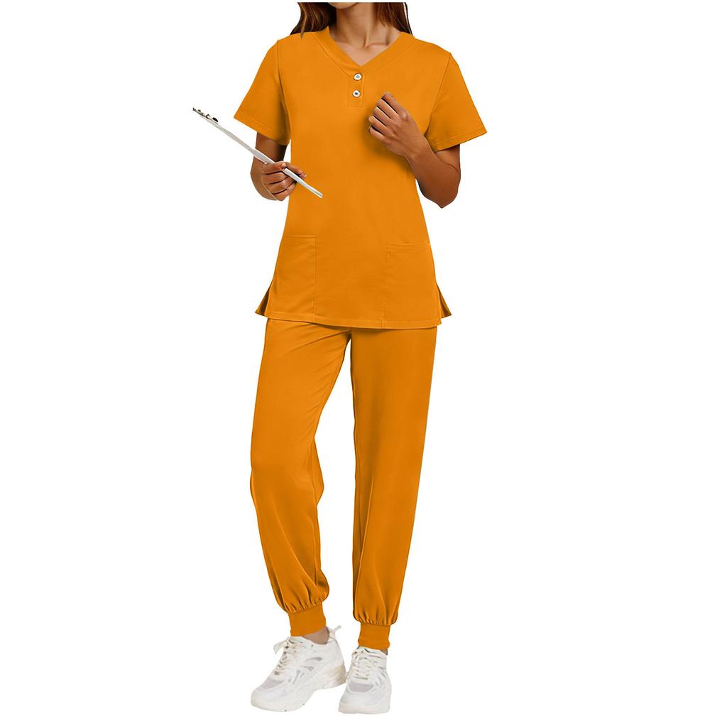 Nursing Scrub Set Women Quick Dry Fabric V Neck Short Sleeve Top with Pockets and Elastic Waist Long Pants Medical Uniform Workwear Set