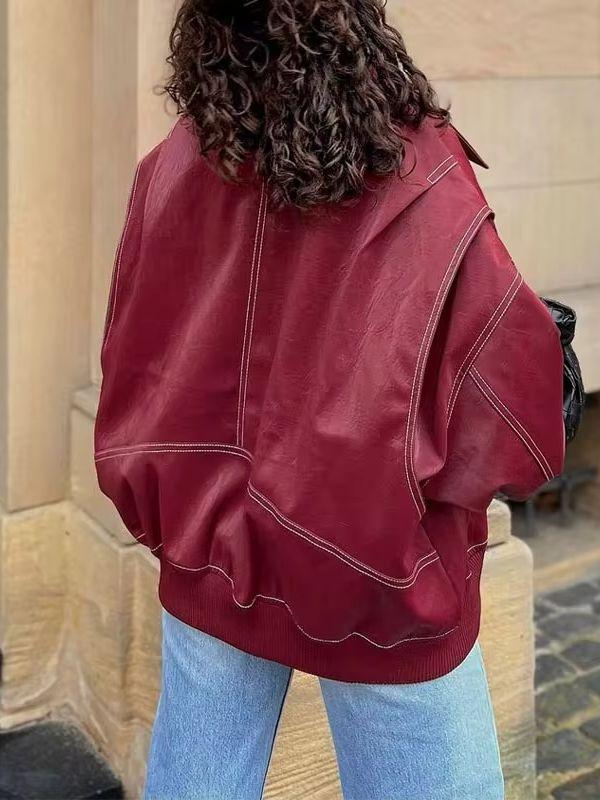 Giacche Vintage a Manica Lunga con Revers a Punto Contrasto Donna Ampie Monocolore Zip Giacca in Pelle PU Femminile Autunno High Streetwear