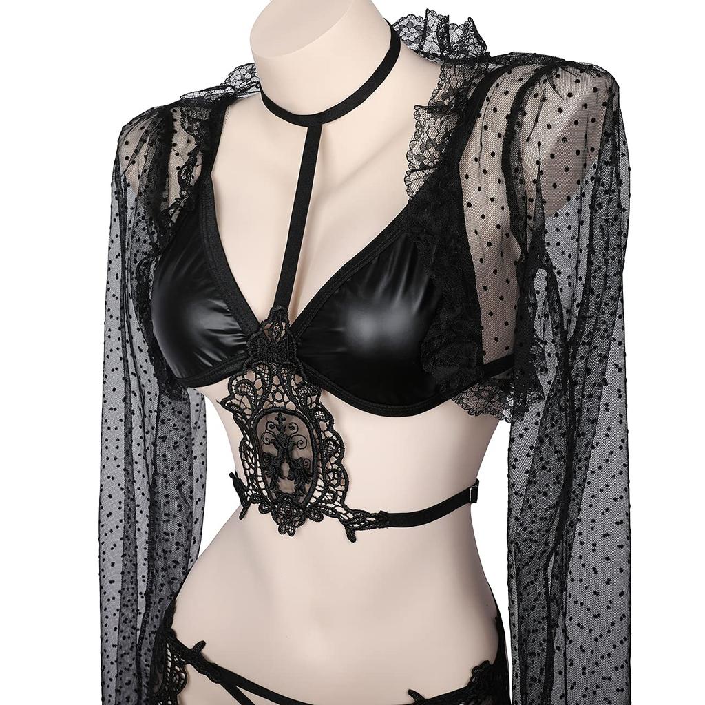 SENMHS Cosplay Sexy Bikini Underwear Leather Style PU Costume Bondage Bodycon Enamel PVC Queen Little Devil Devil Witch Fake Leather Restraint